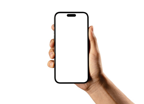 Hand holding smartphone mockup as png photo with blank screen isolated on white background. mobile phone hand mockup - Powered by Adobe