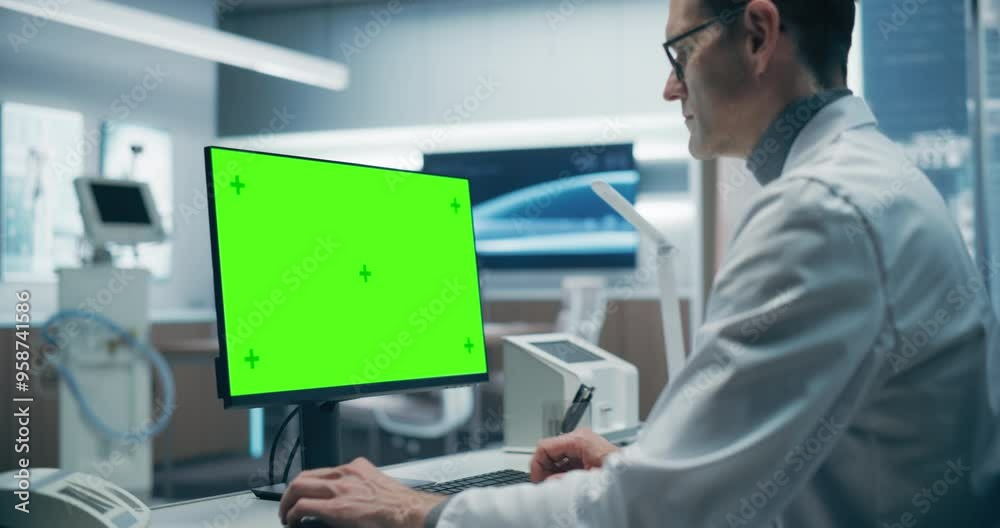 Leinwandbilder A Male Scientist in a White Lab Coat Works on a Green Screen Computer in a Advanced Medical Lab, Focusing on Advanced Healthcare Research and Analysis in a High-tech Hospital Environment.