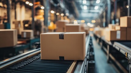 Obraz premium Cardboard boxes on a conveyor belt in a distribution center, highlighting automated packaging processes.