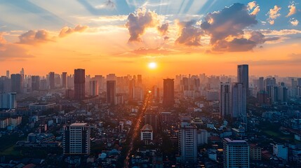 Fototapeta premium Mesmerizing Cityscape at Sunset with Towering Skyscrapers and Dramatic Lighting