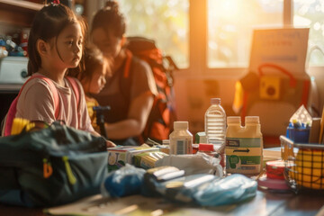 Family Packing Emergency Kit at Home for International Day for Disaster Risk Reduction Highlighting Preparedness and Safety