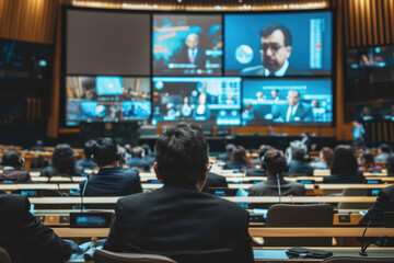 Fototapeta premium UN Delegates Discussing Global Issues in Modern Meeting Room for United Nations Day Focusing on International Collaboration