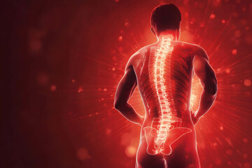 Naklejka premium A person standing and stretching their lower back, pain depicted in red, muscle pain from overwork, office syndrome.