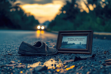 Close-Up of Car Crash Site with Single Shoe and Photo Frame on World Day of Remembrance for Road Traffic Victims Emphasizing Tragedy