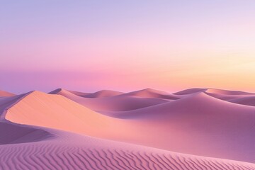 Serene desert landscape at sunset with soft, undulating dunes and pastel colors.