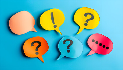 Ask question concept. Question mark on speech bubbles, top view