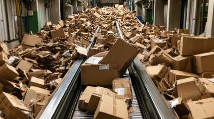 Piles of cardboard boxes under a conveyor belt, depicting a high-activity packaging and dispatch area.