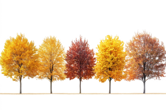 Row of colorful autumn trees isolated on transparent background. Fall season