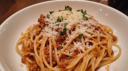 Spaghetti Bolognese topped with a rich meat sauce, grated cheese, and fresh herbs, creating a warm, inviting, home-cooked feel.