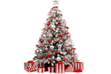 Artificial Christmas tree adorned with silver and red decorations, isolated on white background