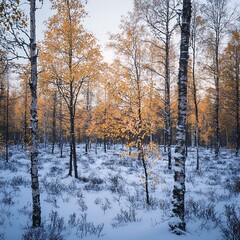 Obraz premium Snowy birch trees stand tall against a crisp blue sky, their branches heavy with frost, creating a winter wonderland in the frozen forest
