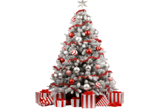 Artificial Christmas tree adorned with silver and red decorations, isolated on white background