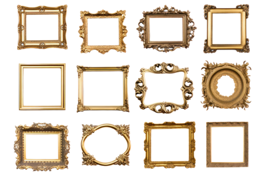 Antique brass vintage frames featuring intricate floral designs, isolated on white background