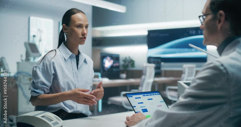 Poster female patient consults with a male specialist in a high-tech medical lab, discussing health data on