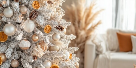 A close-up of a white Christmas tree decorated with dried orange slices, dry berries, cones, pampas grass, paper ornaments, and paper honeycombs in front of the sofa