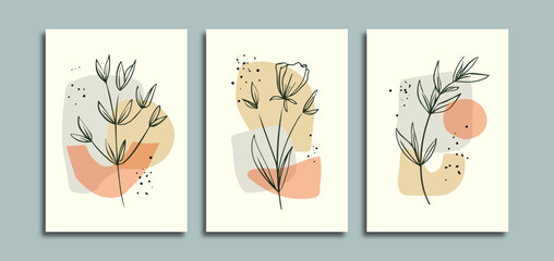 Set of three poster background with line art leaf silhouette and abstract shape element. Suitable for background, poster, cover, flyer, wall art, home decor and other template.
