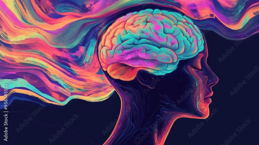 Aufkleber An artistic representation of the brain with colorful waves, symbolizing creativity and thought in a vibrant profile silhouette.