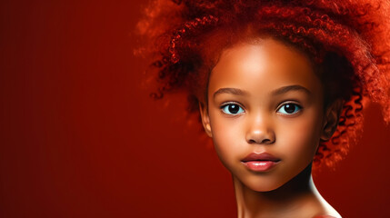 Fototapeta premium Portrait of smiling cute African American child girl with red hair and perfect skin, red background, banner.