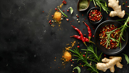 Gastronomy, cooking. Secrets of delicious dishes. Seasoning and spices. Rosemary, ginger, chili pepper on a black background from above copy space