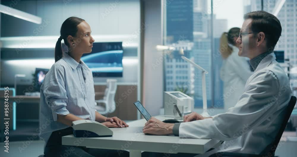 Leinwandbilder a specialist physician discusses health data with female patient in a high-tech medical lab, utilizi