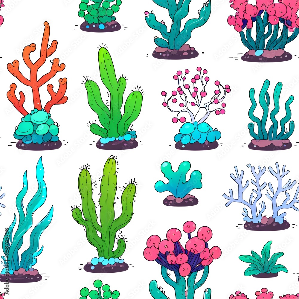 Sticker seaweed, coral and cactus seamless pattern