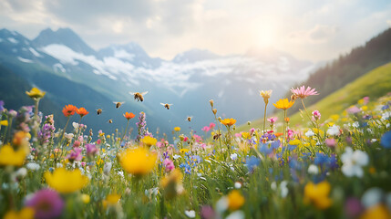 Bienen in blühender Bergwiese bei Sonnenuntergang