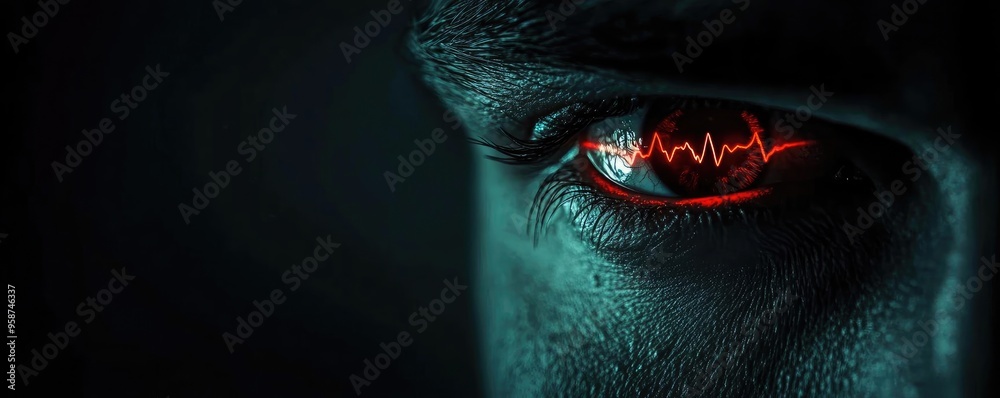 Aufkleber close-up of an intense human eye with a striking red heartbeat graphic, symbolizing emotion and tech