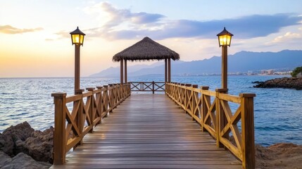 Fototapeta premium A wooden bridge connects to a traditional thatched hut on an island as the sun sets, casting a warm glow over the turquoise ocean and purple clouds
