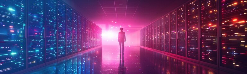 Man standing in a server room with a bright light, banner, copy space