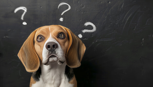 Funny Beagle dog and question marks on black background