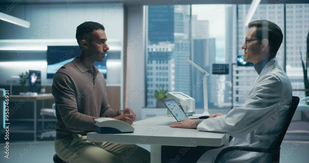 Aufkleber Male Specialist Discusses Health Data With a Male Patient in a High-tech Medical Lab, Utilizing Advanced Equipment for Precise Analysis in a Modern Hospital Setting.