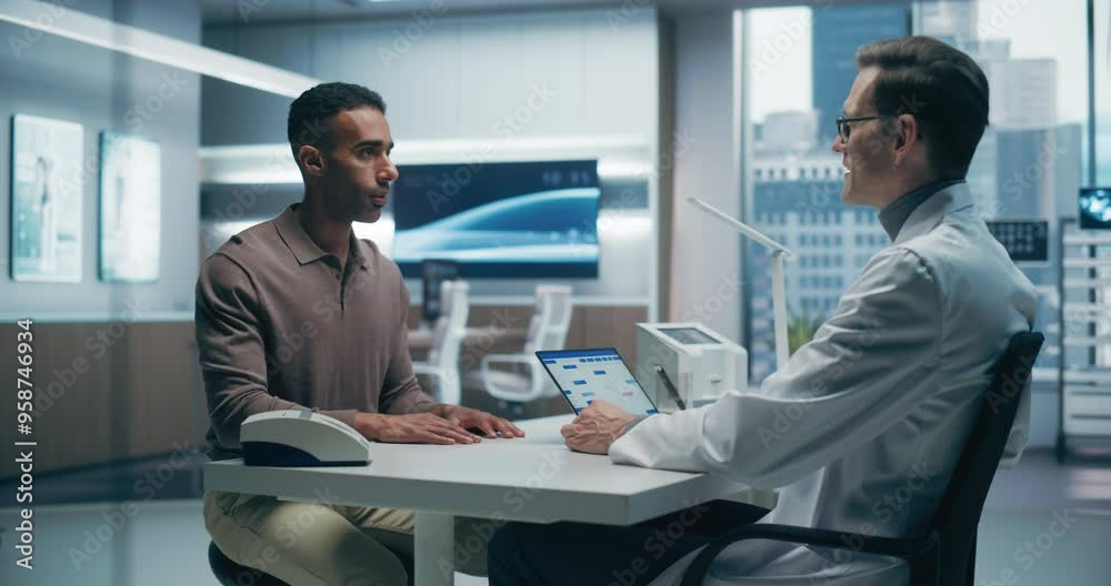 Poster male doctor consults with a male patient in a high-tech medical lab, discussing health data on a tab