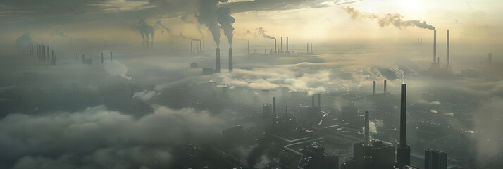 The Choking Clouds: An industrial cityscape, shrouded in a hazy smog, with towering smokestacks spewing pollution into the sky.