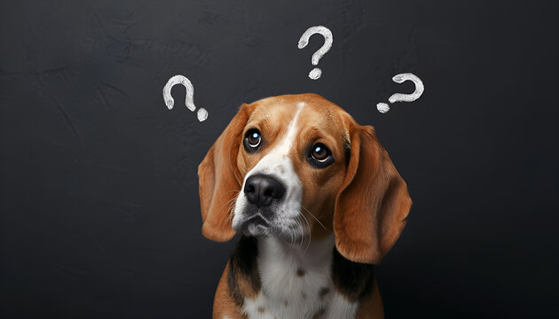 Funny Beagle dog and question marks on black background