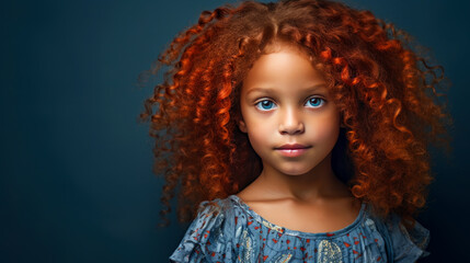Portrait of smiling cute African American child girl with red hair and perfect skin, dark blue background, banner.