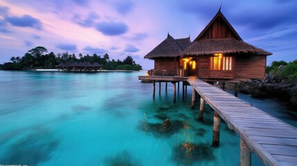 Obraz premium A wooden bridge connects to a traditional thatched hut on an island as the sun sets, casting a warm glow over the turquoise ocean and purple clouds