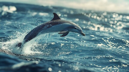 Fototapeta premium Playful dolphins leaping out of the ocean, their sleek bodies glistening in the sunlight