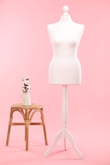 Female mannequin, stool and vase with cotton flowers on pink background