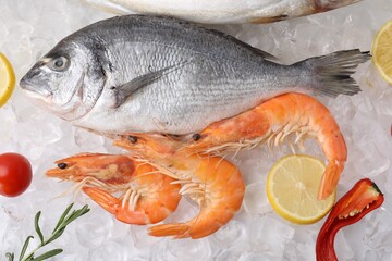 Fresh raw sea food and products on ice cubes, flat lay