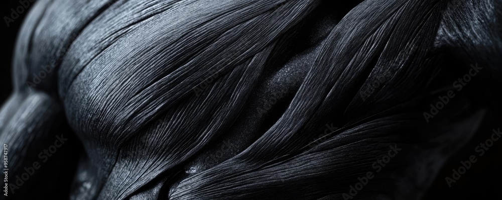 Poster close-up of textured surface showcasing dark, flowing lines that resemble muscle or organic forms in