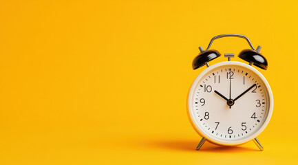 Minimalist alarm clock on a yellow background, emphasizing time and punctuality with a bold color contrast.