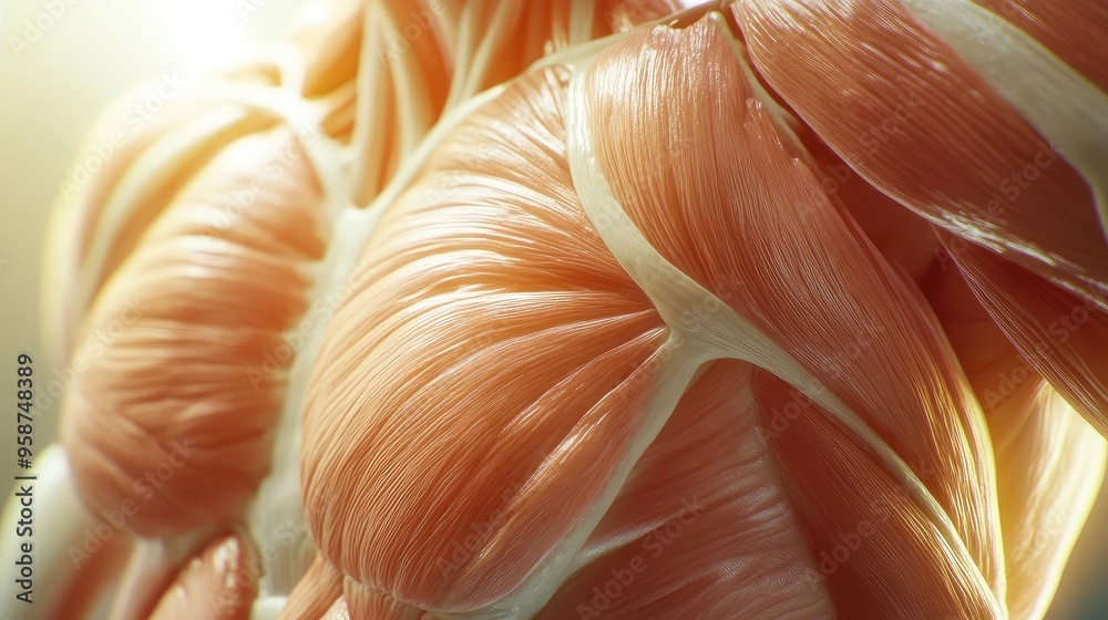 Poster detailed view of human muscle structure highlighting the intricate layers and fibers, showcasing ana