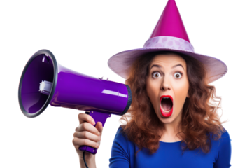 A young girl in a party hat, as if announcing something exciting. Isolated on white background