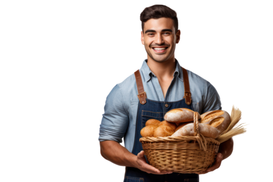 A young farmer in denim overalls and rubber boots, isolated on white background - Powered by Adobe