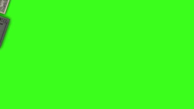 A bundle of two US currency money transitions over green screen. Serial numbers are obfuscated.  	