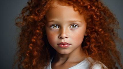 Fototapeta premium Portrait of smiling cute African American child girl with red hair and perfect skin, gray background, banner.