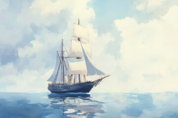 Fototapeta premium A serene view of a sailing ship gliding through calm waters under a cloudy sky, evoking a sense of adventure and tranquility.