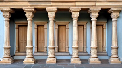 Naklejka premium This beautifully crafted house features intricate carvings and a soft blue hue, reflecting the architectural heritage, amidst vibrant greenery