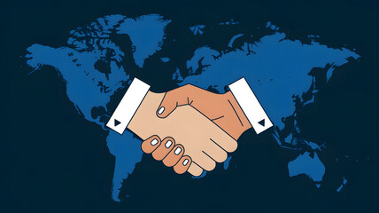 Strategic Partnerships: A digital handshake over a map, symbolizing global strategic partnerships and alliances.
