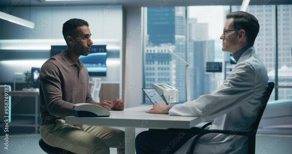 Aufkleber male specialist discusses health data with a male patient in a high-tech medical lab, utilizing adva